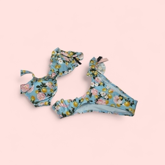 Victoria Secret Swim Ruffle Brazilian Bikini Set In Blue Lemon size 34 C/ M new - Picture 6 of 10